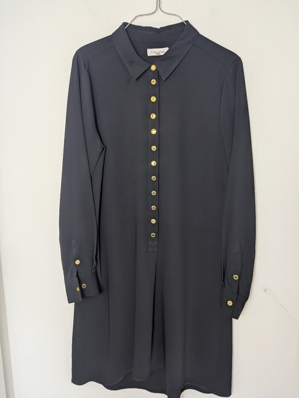 Calvin Klein Womens Black Collared Shirt Dress Gold Snaps Size 10 Easy Care